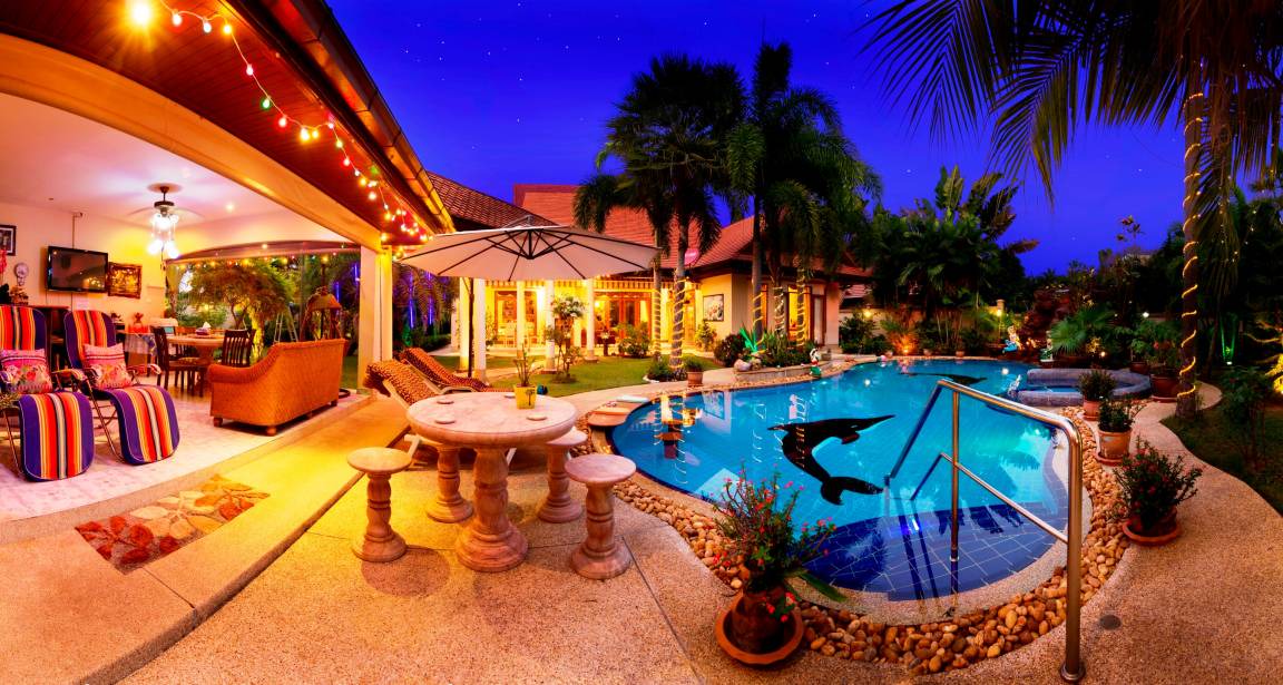 Nong Pla Lai Villa | Relaxing Palm Pool Villa, & Tropical Illuminated Garden & Private Swimming Pool.